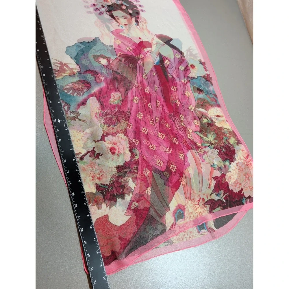 Japanese Geisha Floral Scarf Pink Peony Silk Feel Polyester Sheer Wrap 62x20